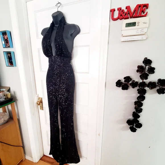 Black Glitter Halter Jumpsuit - Picture 3 of 7